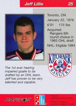 1993-94 Slapshot Kitchener Rangers (OHL) #25 Jeff Lillie Back