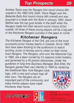 1993-94 Slapshot Kitchener Rangers (OHL) #29 Top Prospects Back