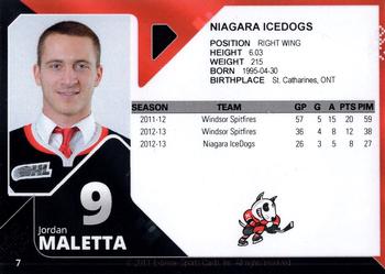 2013-14 Extreme Niagara IceDogs (OHL) #7 Jordan Maletta Back