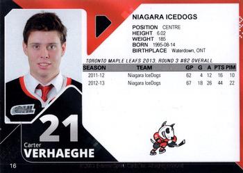 2013-14 Extreme Niagara IceDogs (OHL) #16 Carter Verhaeghe Back