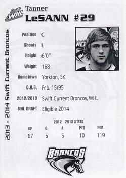 2013-14 Swift Current Broncos (WHL) #13 Tanner Lesann Back