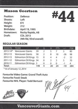 2013-14 Vancouver Giants (WHL) #NNO Mason Geertsen Back