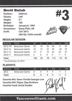 2013-14 Vancouver Giants (WHL) #NNO Brett Kulak Back
