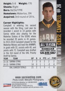 2015-16 Choice Sarnia Sting (OHL) #19 Chase Campbell Back