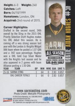 2015-16 Choice Sarnia Sting (OHL) #20 Aidan Hughes Back