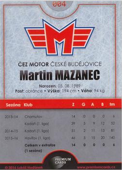 2016-17 Ceske Budejovice Gold Jersey #4 Martin Mazanec Back