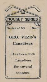1912-13 Imperial Tobacco Hockey Series (C57) #1 Geo. Vezina Back