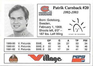 1992-93 Fredericton Canadiens (AHL) #NNO Patrik Carnback Back