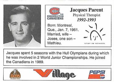 1992-93 Fredericton Canadiens (AHL) #NNO Jacques Parent Back