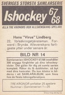 1967-68 Williams Ishockey (Swedish) #14 Hans Lindberg Back