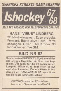 1967-68 Williams Ishockey (Swedish) #52 Hans Lindberg Back