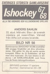 1967-68 Williams Ishockey (Swedish) #56 Anders Sahlin Back