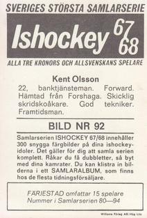 1967-68 Williams Ishockey (Swedish) #92 Kent Olsson Back