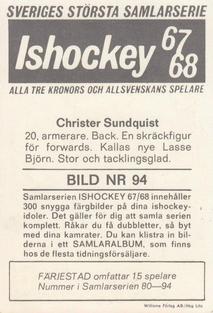 1967-68 Williams Ishockey (Swedish) #94 Christer Sundqvist Back