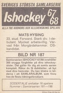 1967-68 Williams Ishockey (Swedish) #187 Mats Hysing Back
