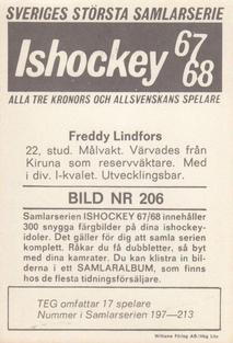 1967-68 Williams Ishockey (Swedish) #206 Freddy Lindfors Back