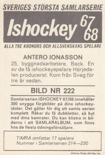 1967-68 Williams Ishockey (Swedish) #222 Antero Jonasson Back