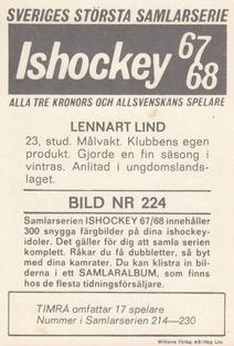 1967-68 Williams Ishockey (Swedish) #224 Lennart Lind Back