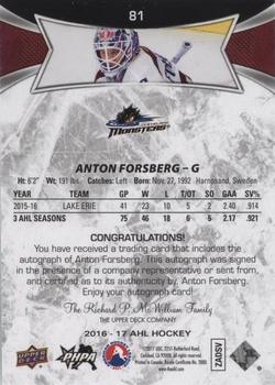 2016-17 Upper Deck AHL - Autographs #81 Anton Forsberg Back