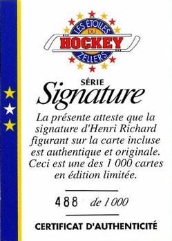 1994-95 Zellers Masters of Hockey - Certificate of Authenticity Yellow #NNO Henri Richard Back