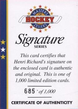 1994-95 Zellers Masters of Hockey - Certificate of Authenticity Yellow #NNO Henri Richard Front