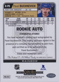 2016-17 O-Pee-Chee Platinum - Rookie Autographs #R-PB Pavel Buchnevich Back