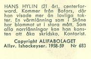 1958-59 Alfa Ishockey (Swedish) #683 Hans Hylin Back