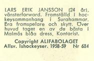 1958-59 Alfa Ishockey (Swedish) #684 Lars-Erik Jansson Back
