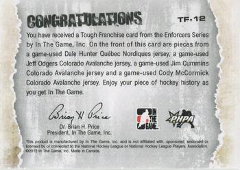 2015-16 In The Game Final Vault - 2011-12 In The Game Enforcers Tough Franchise Quad Game Used Jerseys Black (Silver Vault Stamp) #TF-12 Dale Hunter / Jeff Odgers / Jim Cummins / Cody McCormick Back