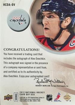 2012 Upper Deck National Hockey Card Day USA - Autographs #HCDA-OV Alex Ovechkin Back