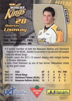 2013-14 Aaron's Brandon Wheat Kings (WHL) #NNO Quintin Lisoway Back