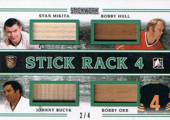 2017 Leaf In The Game Stickwork - Stick Rack 4 Relics - Emerald #SR-08 Stan Mikita / Bobby Hull / Johnny Bucyk / Bobby Orr Front