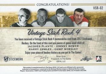 2017 Leaf In The Game Stickwork - Vintage Stick Rack 4 Relics #VSR-02 Jacques Plante / Johnny Bower / Harry Lumley / Gump Worsley Back