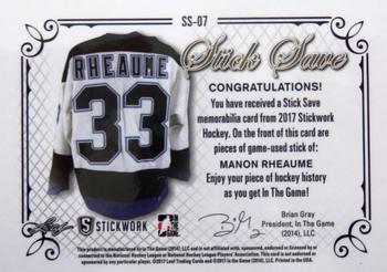 2017 Leaf In The Game Stickwork - Stick Save Relics #SS-07 Manon Rheaume Back