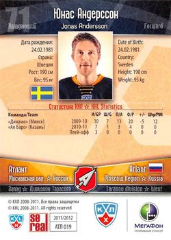 2011-12 Sereal KHL Basic Series #АТЛ019 Jonas Andersson Back