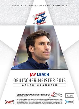 2015-16 Playercards Premium Series 1 (DEL) #DEL-275 Jay Leach Back