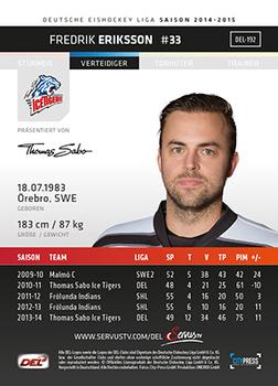 2014-15 Playercards Premium Serie 1 (DEL) #DEL-192 Fredrik Eriksson Back