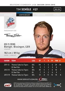 2014-15 Playercards Premium Serie 1 (DEL) #DEL-198 Tim Schule Back