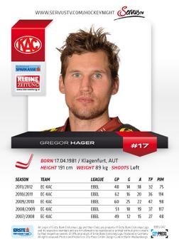 2012-13 Playercards EBEL #EBEL-042 Gregor Hager Back