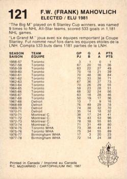 1987 Cartophilium Hockey Hall of Fame #121 Frank Mahovlich Back
