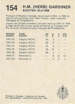 1987 Cartophilium Hockey Hall of Fame #154 Herb Gardiner Back