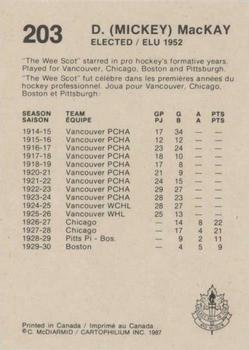1987 Cartophilium Hockey Hall of Fame #203 Mickey MacKay Back