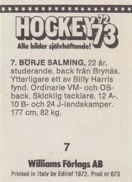 1972-73 Williams Hockey (Swedish) #7 Borje Salming Back