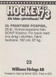 1972-73 Williams Hockey (Swedish) #23 Frantisek Pospisil Back