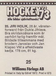 1972-73 Williams Hockey (Swedish) #25 Jiri Holik Back