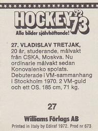 1972-73 Williams Hockey (Swedish) #27 Vladislav Tretiak Back
