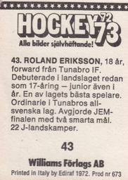 1972-73 Williams Hockey (Swedish) #43 Roland Eriksson Back