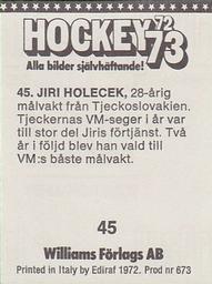 1972-73 Williams Hockey (Swedish) #45 Jiri Holecek Back