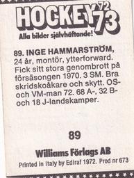 1972-73 Williams Hockey (Swedish) #89 Inge Hammarstrom Back