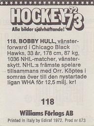 1972-73 Williams Hockey (Swedish) #118 Bobby Hull Back